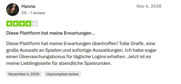 Positive Trustpilot-Bewertung zu Beethall Casino Deutschland mit Lob für schnelle Auszahlungen, große Spielauswahl, hochwertige Grafik und tägliche Login-Boni
